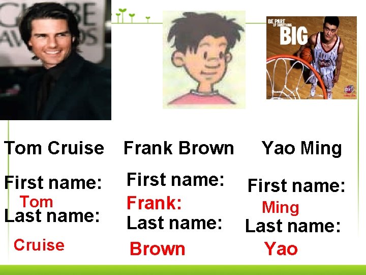 Tom Cruise Frank Brown First name: Frank: Last name: Brown Tom Last name: Cruise