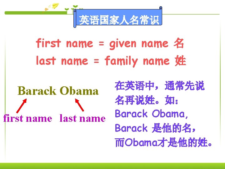 英语国家人名常识 first name = given name 名 last name = family name 姓 在英语中，通常先说