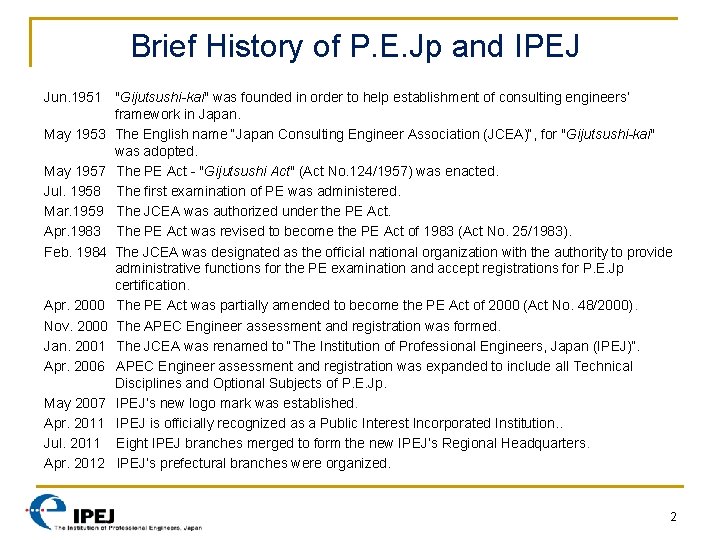 Brief History of P. E. Jp and IPEJ Jun. 1951 "Gijutsushi-kai" was founded in