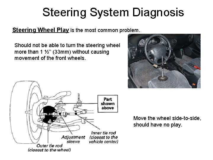 Steering System Diagnosis Steering Wheel Play is the most common problem. Should not be