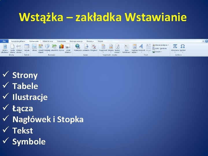 Wstążka – zakładka Wstawianie ü ü ü ü Strony Tabele Ilustracje Łącza Nagłówek i