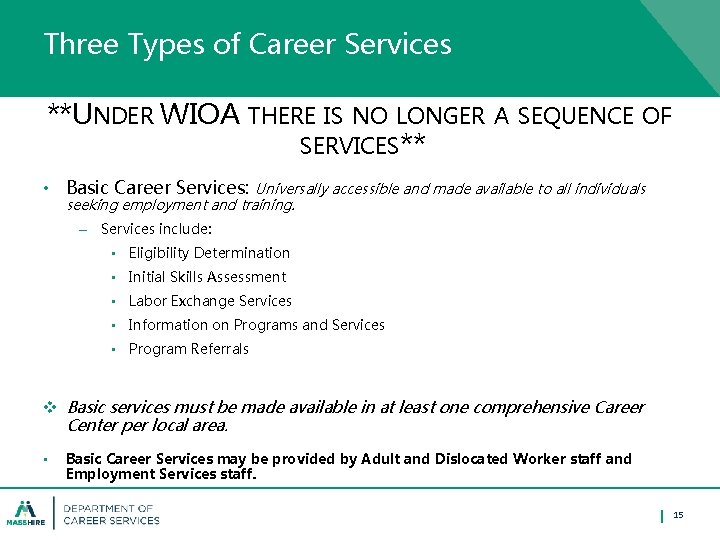 Three Types of Career Services **UNDER WIOA THERE IS NO LONGER A SEQUENCE SERVICES**