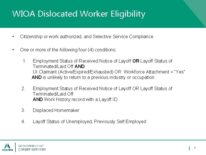 WIOA Dislocated Worker Eligibility • Citizenship or work authorized, and Selective Service Compliance •