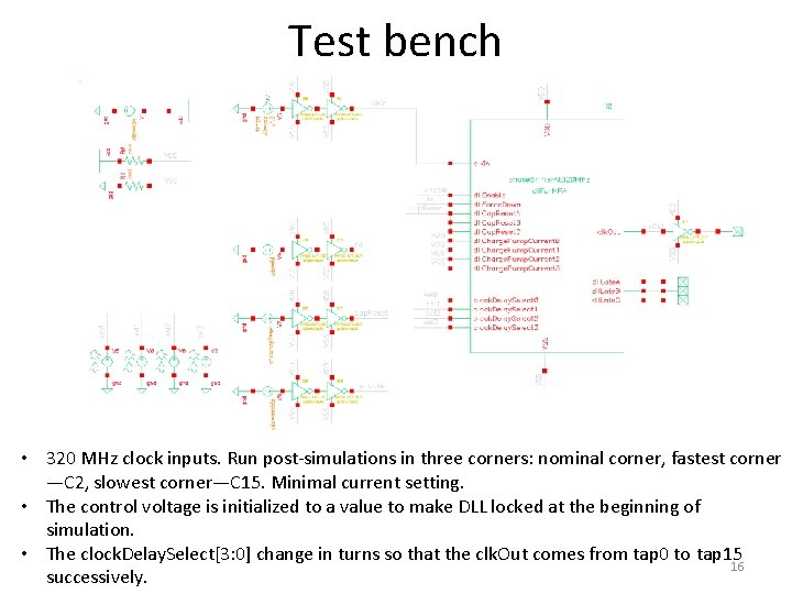 Test bench • 320 MHz clock inputs. Run post-simulations in three corners: nominal corner,