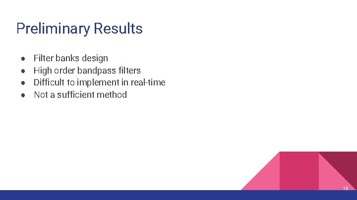 Preliminary Results ● ● Filter banks design High order bandpass filters Difficult to implement