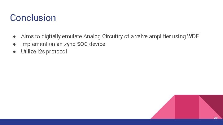 Conclusion ● Aims to digitally emulate Analog Circuitry of a valve amplifier using WDF