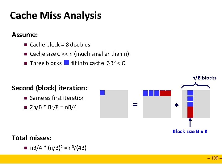 Cache Miss Analysis Assume: n n n Cache block = 8 doubles Cache size