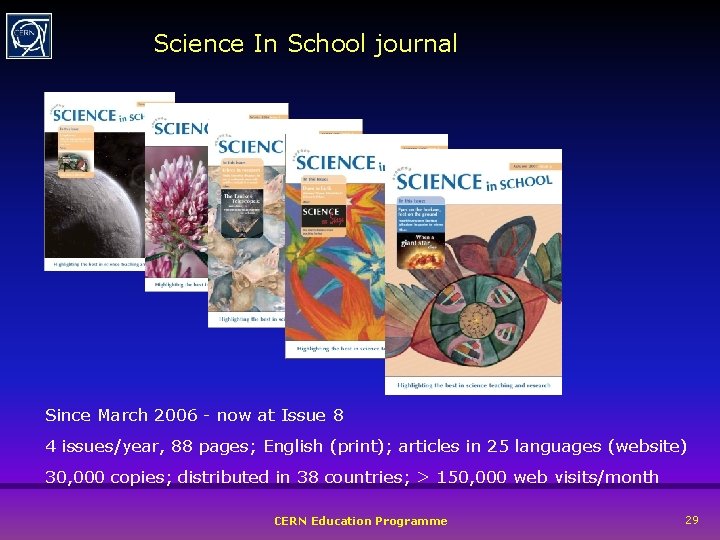 Science In School journal Since March 2006 - now at Issue 8 4 issues/year,