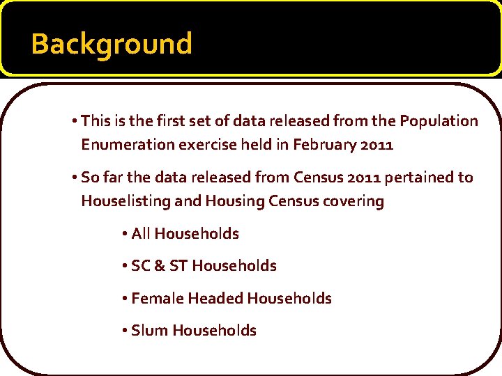 Background • This is the first set of data released from the Population Enumeration