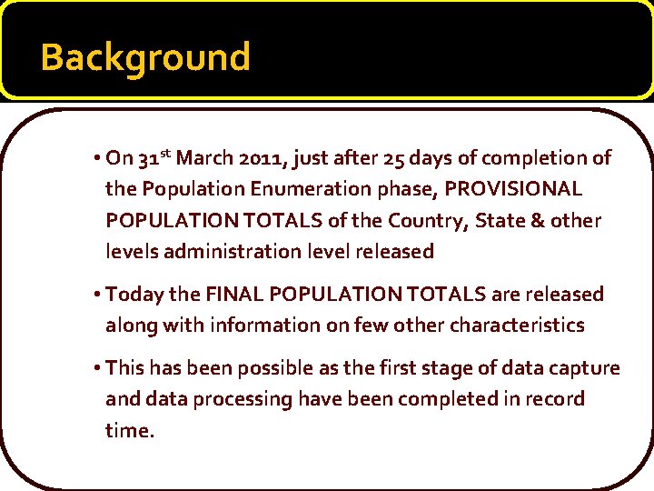 Background • On 31 st March 2011, just after 25 days of completion of