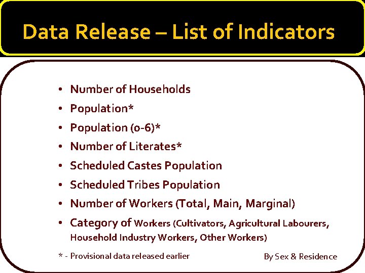 Data Release – List of Indicators • Number of Households • Population* • Population