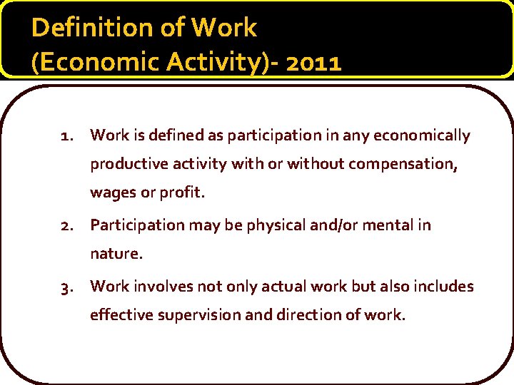 Definition of Work (Economic Activity)- 2011 1. Work is defined as participation in any