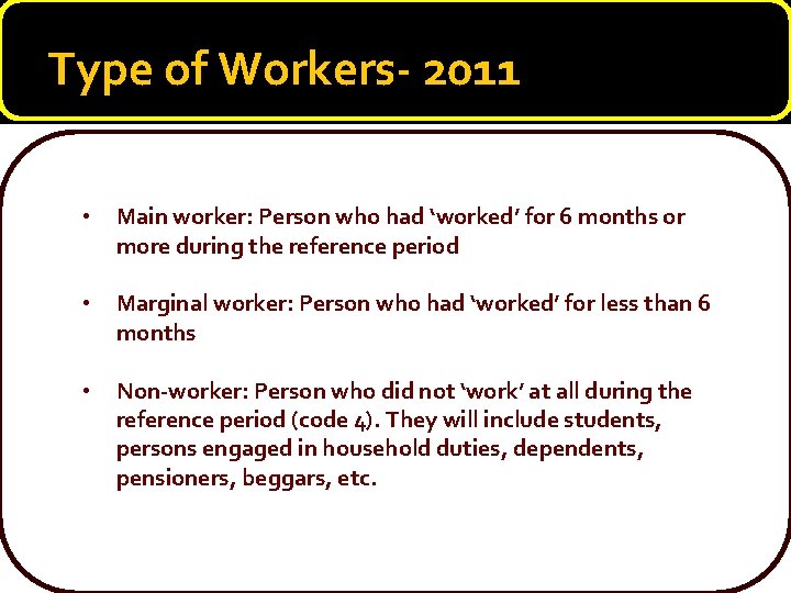 Type of Workers- 2011 • Main worker: Person who had ‘worked’ for 6 months