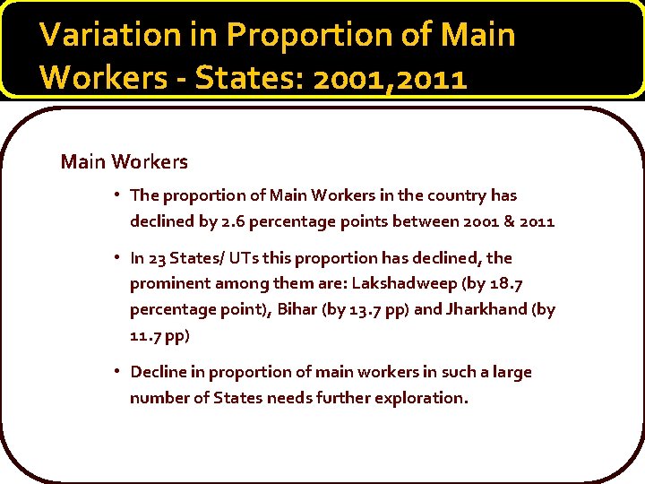 Variation in Proportion of Main Workers - States: 2001, 2011 Main Workers • The