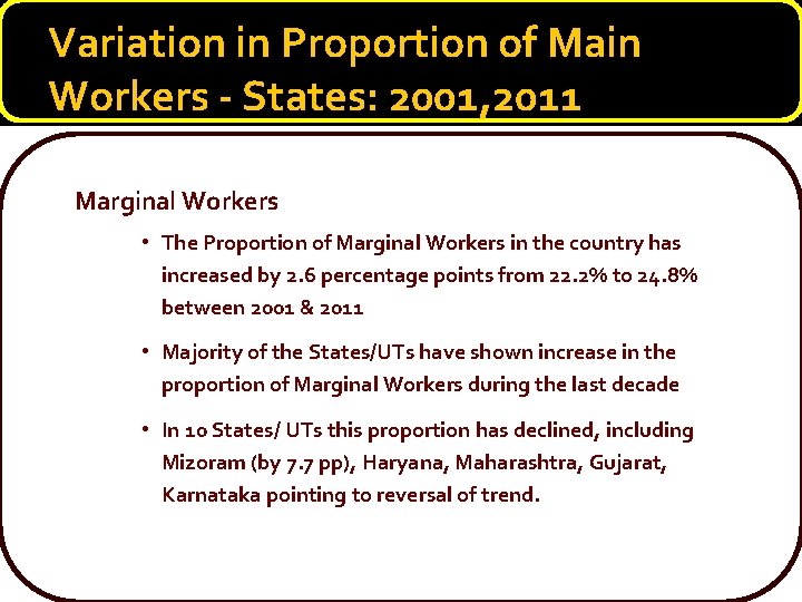 Variation in Proportion of Main Workers - States: 2001, 2011 Marginal Workers • The