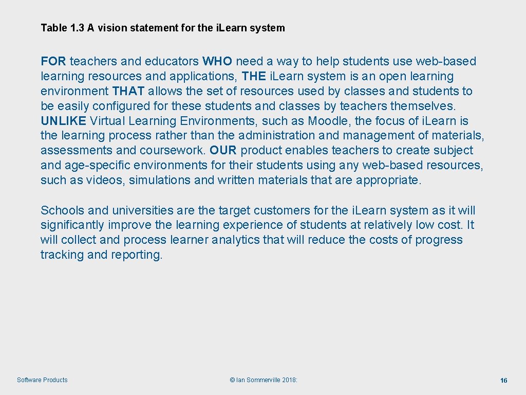 Table 1. 3 A vision statement for the i. Learn system FOR teachers and