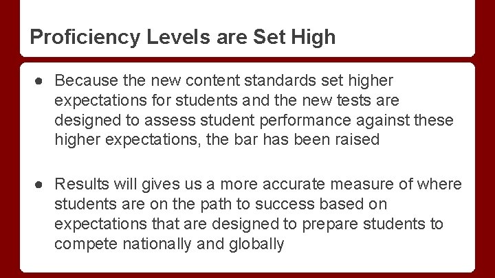 Proficiency Levels are Set High ● Because the new content standards set higher expectations