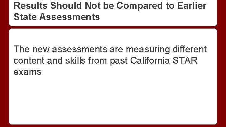 Results Should Not be Compared to Earlier State Assessments The new assessments are measuring