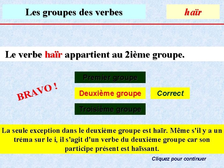 Les groupes des verbes haïr Le verbe haïr appartient au 2 ième groupe. !