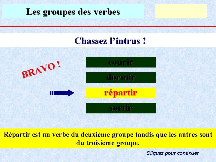 Les groupes des verbes Chassez l’intrus ! ! O V A R B courir