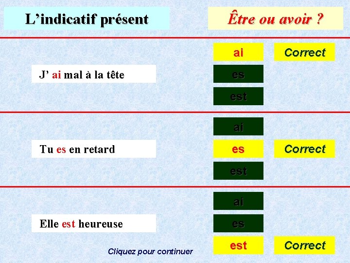 L’indicatif présent Être ou avoir ? ai J’ mal à la tête Correct es