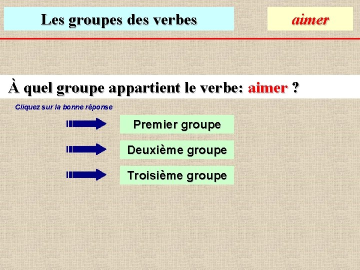 Les groupes des verbes aimer À quel groupe appartient le verbe: aimer ? Cliquez