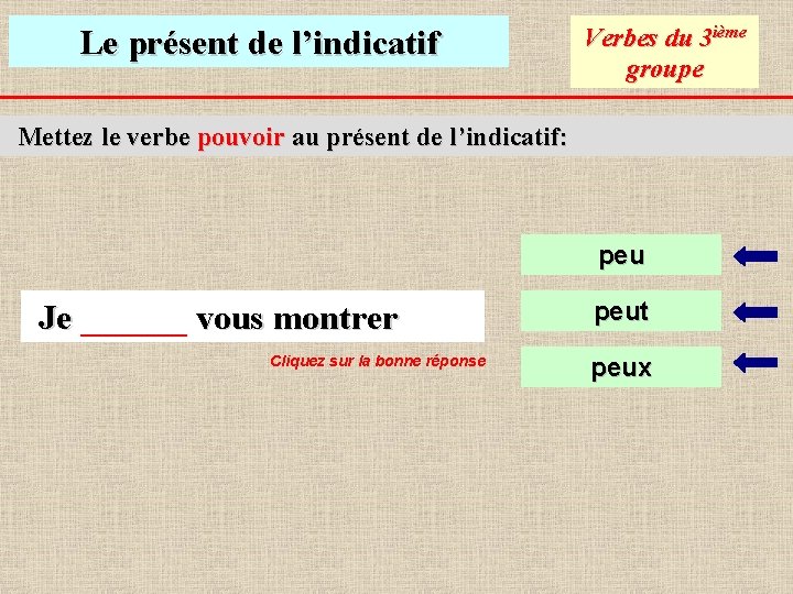 Le présent de l’indicatif Verbes du 3 ième groupe Mettez le verbe pouvoir au