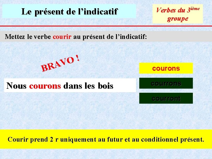 Le présent de l’indicatif Verbes du 3 ième groupe Mettez le verbe courir au