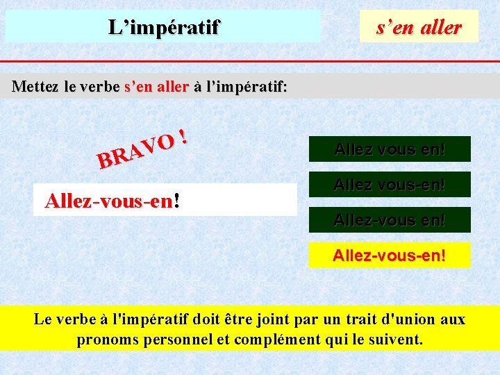 L’impératif s’en aller Mettez le verbe s’en aller à l’impératif: ! O V A