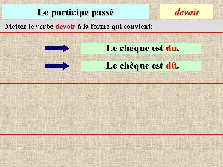 Le participe passé devoir Mettez le verbe devoir à la forme qui convient: Le