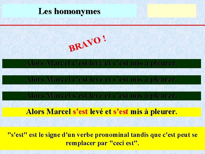 Les homonymes ! O V A R B Alors Marcel c’est levé et c’est