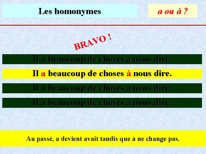 Les homonymes a ou à ? ! O V A R B Il a