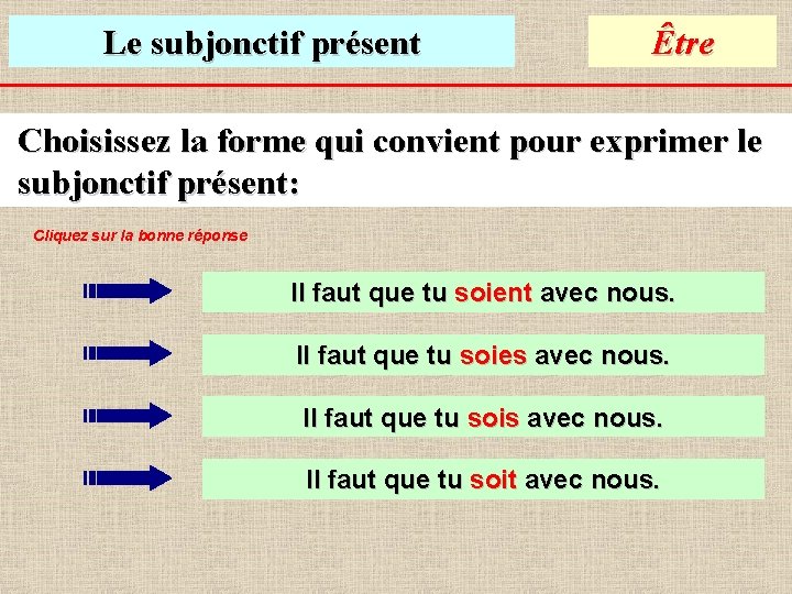 Le subjonctif présent Être Choisissez la forme qui convient pour exprimer le subjonctif présent: