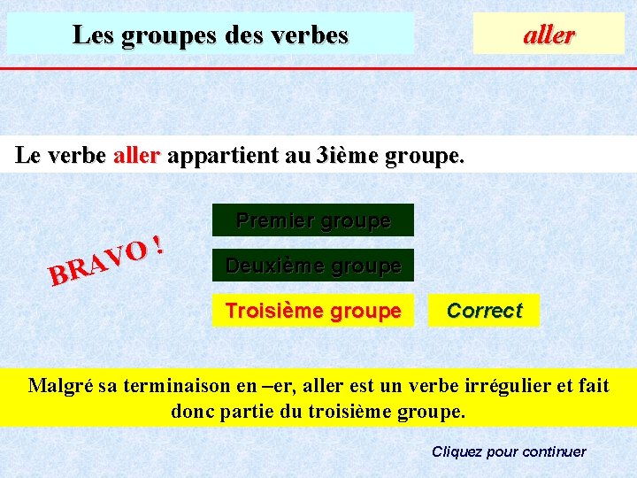 Les groupes des verbes aller Le verbe aller appartient au 3 ième groupe. !