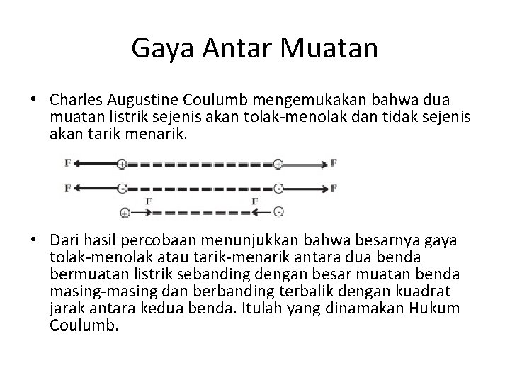 Gaya Antar Muatan • Charles Augustine Coulumb mengemukakan bahwa dua muatan listrik sejenis akan