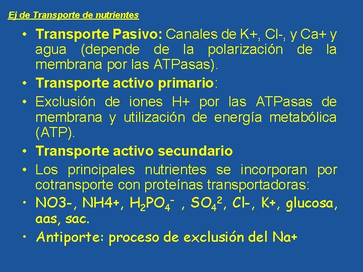 Ej de Transporte de nutrientes • Transporte Pasivo: Canales de K+, Cl-, y Ca+