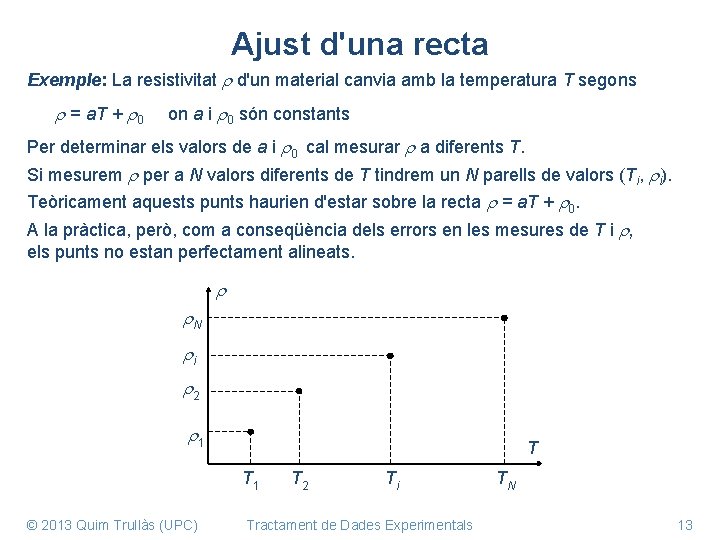 Ajust d'una recta Exemple: La resistivitat d'un material canvia amb la temperatura T segons