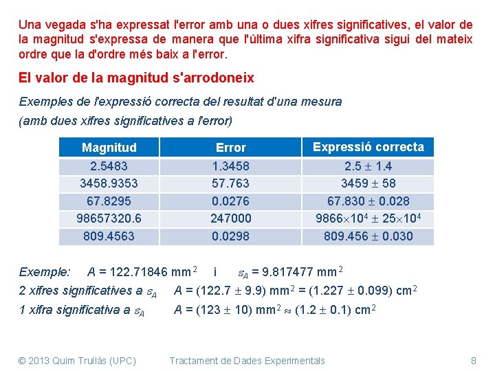 Una vegada s'ha expressat l'error amb una o dues xifres significatives, el valor de