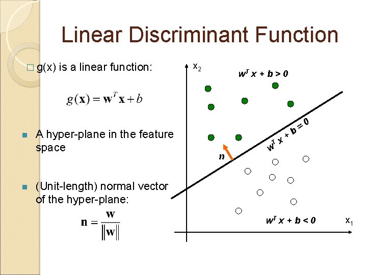 Linear Discriminant Function � g(x) n n is a linear function: A hyper-plane in