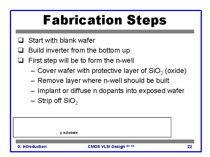 Fabrication Steps q Start with blank wafer q Build inverter from the bottom up