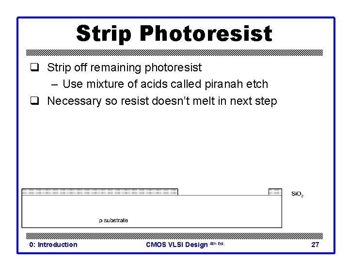 Strip Photoresist q Strip off remaining photoresist – Use mixture of acids called piranah