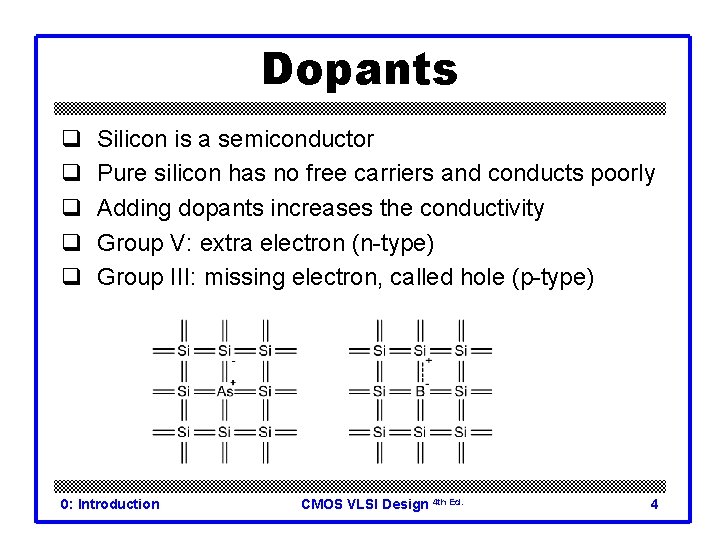 Dopants q q q Silicon is a semiconductor Pure silicon has no free carriers