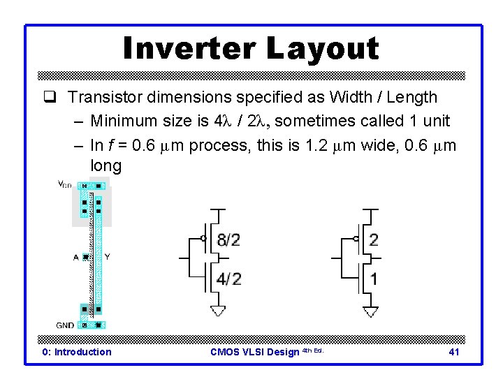 Inverter Layout q Transistor dimensions specified as Width / Length – Minimum size is