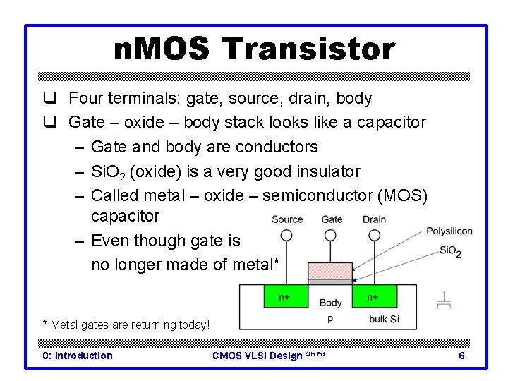 n. MOS Transistor q Four terminals: gate, source, drain, body q Gate – oxide