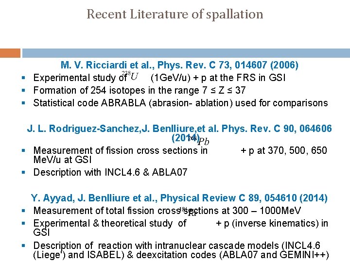 Recent Literature of spallation M. V. Ricciardi et al. , Phys. Rev. C 73,