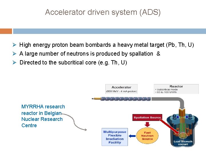 Accelerator driven system (ADS) Ø High energy proton beam bombards a heavy metal target