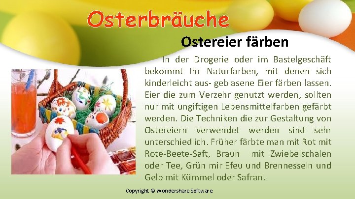 Оsterbräuche Ostereier färben In der Drogerie oder im Bastelgeschäft bekommt Ihr Naturfarben, mit denen