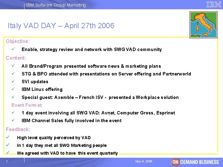 IBM Software Group Marketing Italy VAD DAY – April 27 th 2006 Objective: ü