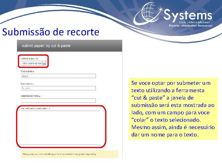 Submissão de recorte Se voce optar por submeter um texto utilizando a ferramenta “cut