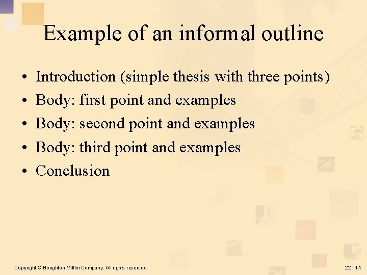 Example of an informal outline • • • Introduction (simple thesis with three points)